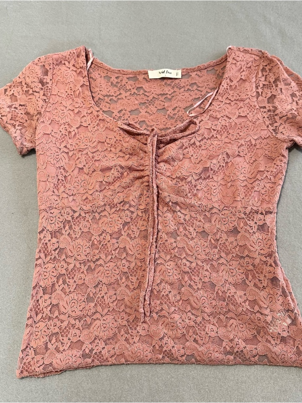 Wild Love Pink Lace Tie Front Sheer Top Size L Y2K Fairy Grunge